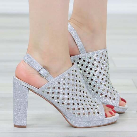 Sparkly Rhinestone Glitter Silver Platform High Heels Open Toe Party Shoes - Picture 7 of 14